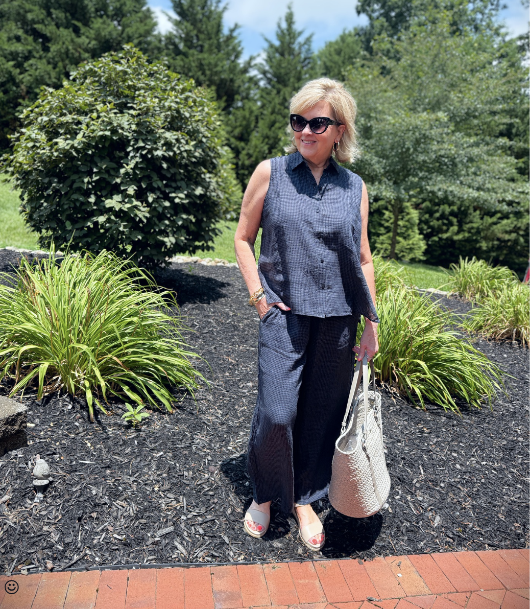 Tania wearing an Eileen Fisher navy checked outfit from Nordstrom Rack